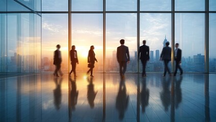 A group of business people walking in an office building with large windows overlooking the city