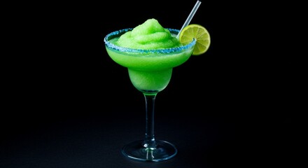 Frozen Green Margarita Cocktail with Lime Garnish