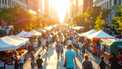 Busy street fair with vendors and crowds in city under bright sunshine