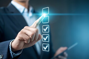 Checklist business performance monitoring concept, Business using tablet online survey filling out check digital form task, online survey question form, target marketing planning with quality control