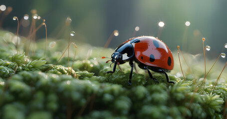 A red ladybug, a small beetle with black spots, rests on a green blade of grass in a summer garden