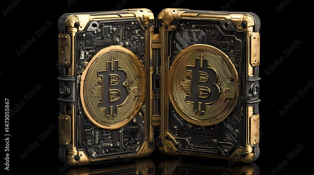 Wall mural bitcoin cryptocurrency icon: digital currency concept with blockchain technology and gold trim circu