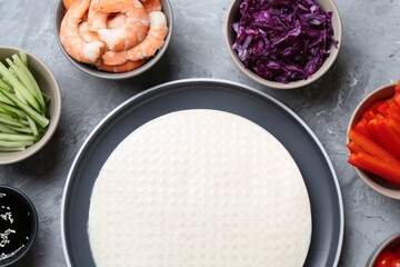 Rice paper sheets and different ingredients on light grey table, flat lay