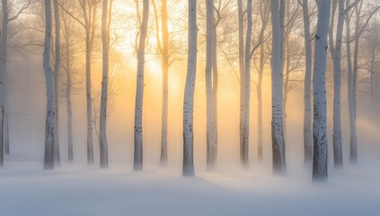 Golden sunlight filters through frosted trees in a snowy winter wonderland.  Soft light illuminates a tranquil forest scene