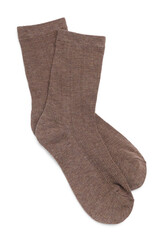 Pair of brown socks isolated on white, top view