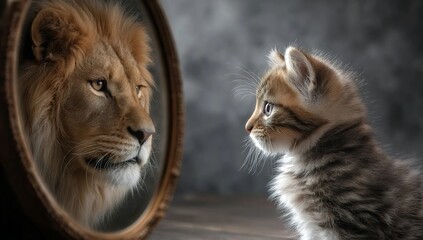 A kitten looking in the mirror and seeing its reflection as an adult lion, ultra-realistic