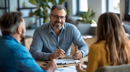 A financial planner meeting with clients to discuss retirement savings strategies in modern digital art style