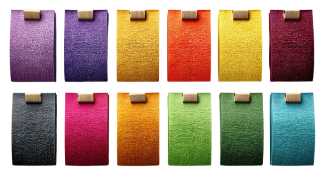 Palette of Potential: A vibrant array of twelve clipboards, each adorned with a unique hue and textured surface, representing diverse ideas, projects, or organizational elements.