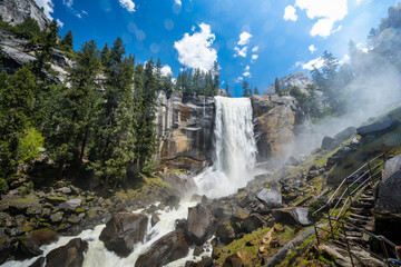 Yosemite National Park Vernal Falls, Nevada Falls, Emerald Pool, Mist Trail, and Charles Point in the Spring of 2025 with the stream and falls raging from snow melt
