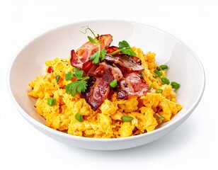 Scrambled eggs with bacon garnish served in white bowl, isolated on white