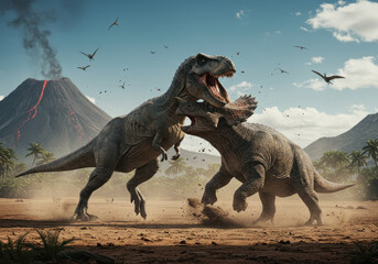 dinosaurs fighting in the desert.