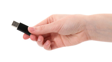 Woman holding usb flash drive on white background, closeup