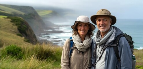 A middle-aged couple, smiling and wearing hats or scarves on their faces, stood by the coastal