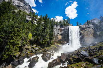 Yosemite National Park Vernal Falls, Nevada Falls, Emerald Pool, Mist Trail, and Charles Point in the Spring of 2025 with the stream and falls raging from snow melt