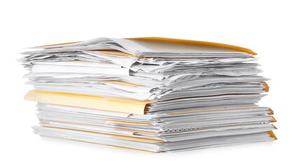 Stack of file folders with papers isolated on white