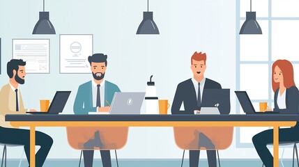 A flat style business illustration of professionals collaborating in a modern co working space, laptops and coffee cups on the table in modern digital art style