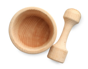Wooden mortar with pestle isolated on white, top view