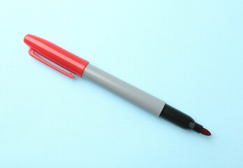 One red marker on light blue background, top view. Space for text