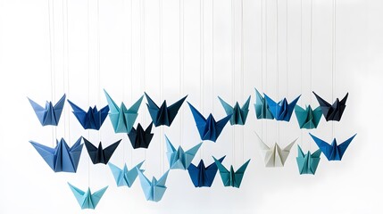 Fototapeta premium Elegant Origami Birds Mobile Hanging Decor Blue Shades