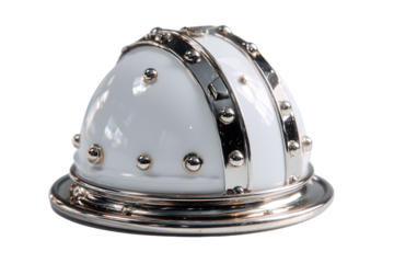 A sleek modern white helmet with metallic accents and rivets ideal for safety gear or futuris