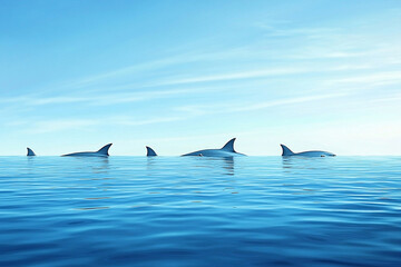 Fototapeta premium A serene aquatic vista of sharks gracefully emerging from the vast open ocean