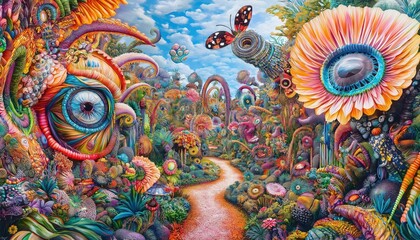 Surreal Botanical Garden with Eye Flowers and Butterfly, Pop Surrealism