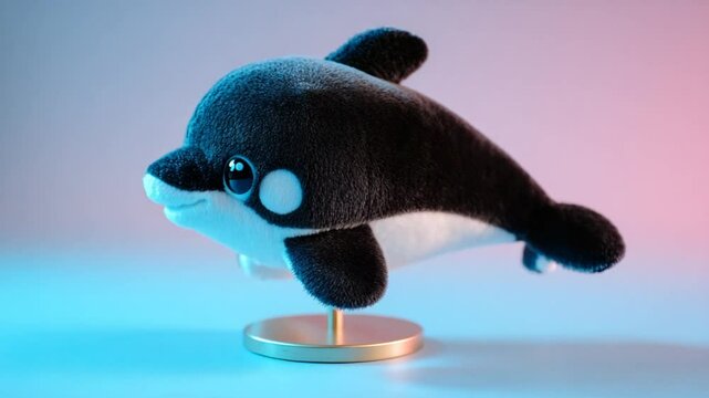 Black dolphin plush with icy blue light, contrasting tones add dramatic and bold appeal for creative media Video 4K UHD 60 fps