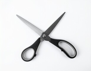 Open scissors with black handles, blades extended, isolated against a white background