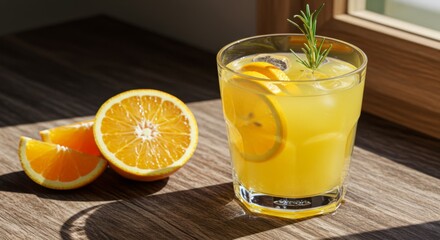 Refreshing Orange Juice with Rosemary and Ice