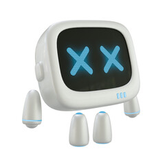 Cute robot 3D character with a with a dead or error gesture. 3D render.
