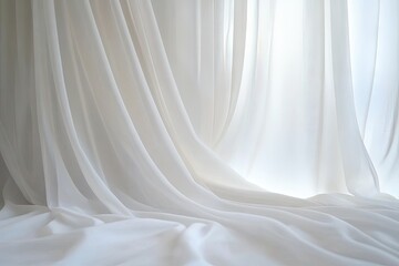Soft. sheer white curtains gently billowing in a sunlit room. casting delicate shadows on a serene. minimalist interior. creating an atmosphere of tranquility and elegance