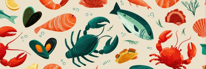 Colorful Seafood Packaging Illustration Featuring a Variety of Marine Life on a Clean, Neutral Backdrop With Details of Fish and Shellfish