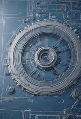 Obraz premium Close-up of faded blueprint, revealing intricate mechanical design, geometric, line, drawing