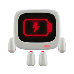 Cute robot 3D character with a empty battery indicator. 3D render.