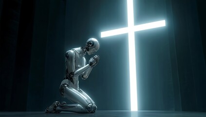 A silver robot praying in front of a glowing white neon cross, cinematic.