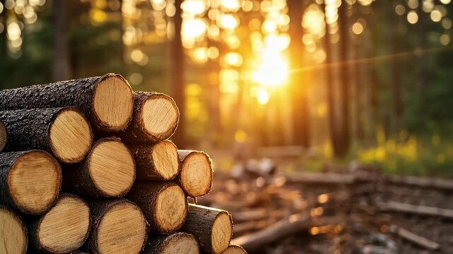 Stacked Wooden Logs In Forest With Golden Sunlight And Blurred Background Of Trees