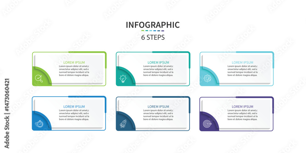 Poster Infographic labels with icons and 6 options or steps. Suitable for process diagrams, presentations, workflow layouts, banners, flow charts, and infographics.