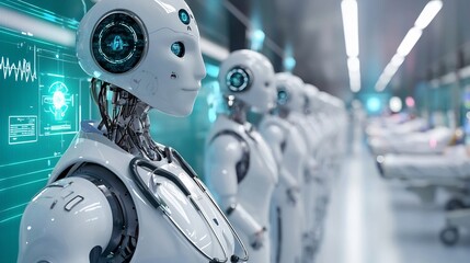 Stock photo concept: A futuristic ai driven hospital where robotic doctors and nurses assist in patient care
