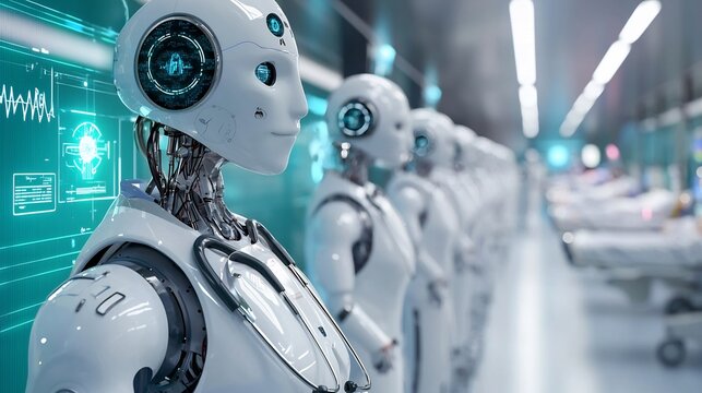 Stock photo concept: A futuristic ai driven hospital where robotic doctors and nurses assist in patient care - Powered by Adobe