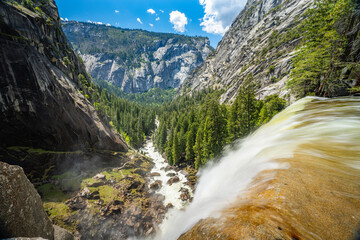 Yosemite National Park Vernal Falls, Nevada Falls, Emerald Pool, Mist Trail, and Charles Point in the Spring of 2025 with the stream and falls raging from snow melt