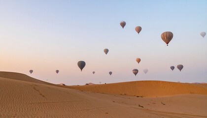 Hot air balloons dot the sky above rolling sand dunes under a pale, hazy, early morning light