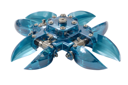 Transparent Mechanical Claw with Blue Tinted Components and Precision Engineering