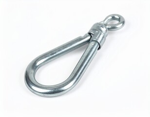 Metal clip hardware featuring a hook, swivel end, and pin closure, isolated on a white backdrop