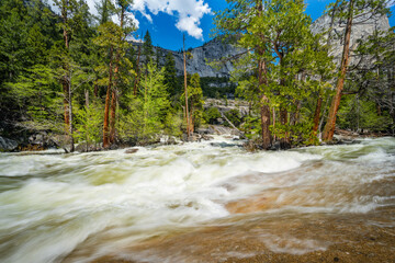 Yosemite National Park Vernal Falls, Nevada Falls, Emerald Pool, Mist Trail, and Charles Point in the Spring of 2025 with the stream and falls raging from snow melt