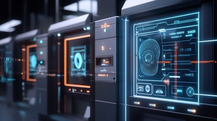 A futuristic ai powered banking system with biometric authentication, holographic touch interface, and secure data encryption visualization – high-quality AI image