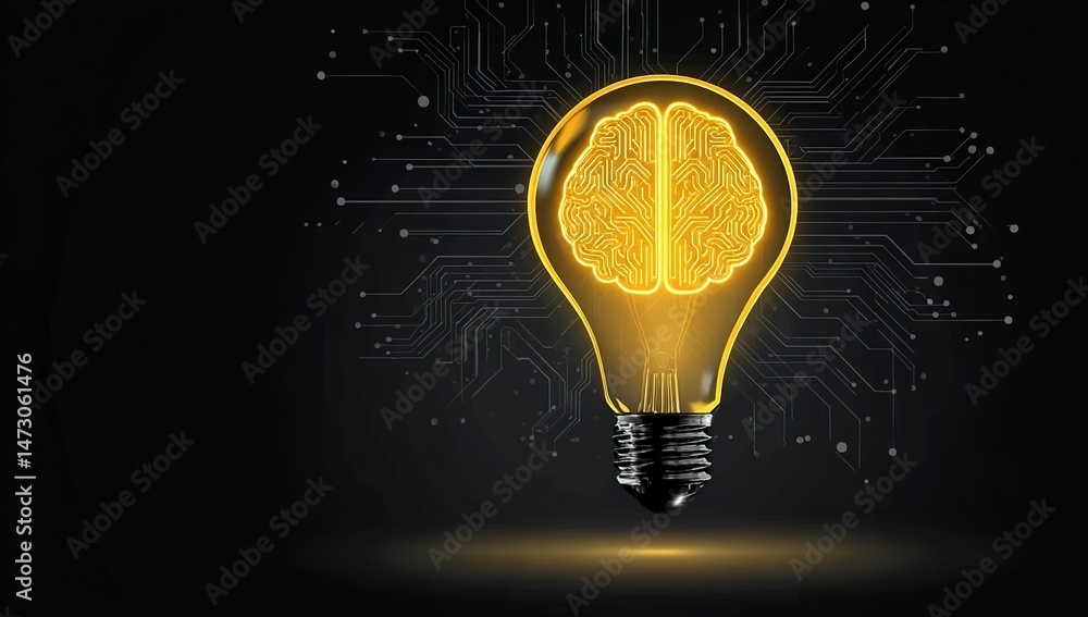 Poster a yellow light bulb with an illuminated brain inside, surrounded by circuit patterns on a black