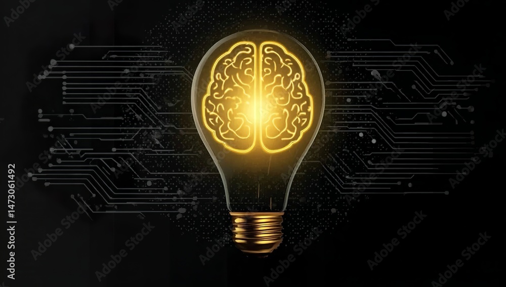 Poster a yellow light bulb with an illuminated brain inside, surrounded by circuit patterns on a black