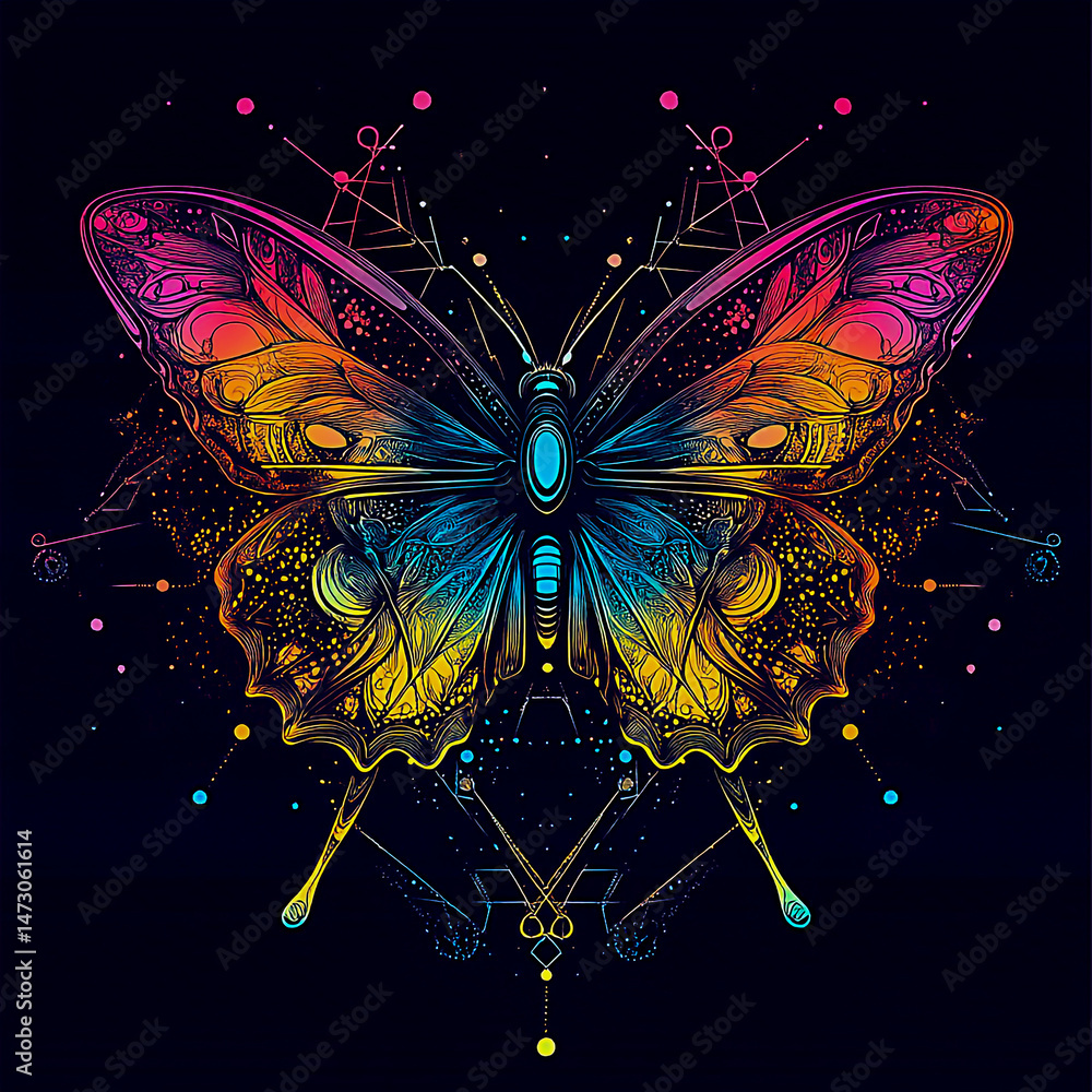 Poster a symmetrical vector butterfly pattern with intricate details, vibrant gradients, and sharp geometri