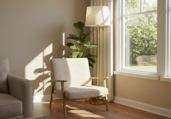 Chair and lamp in room.