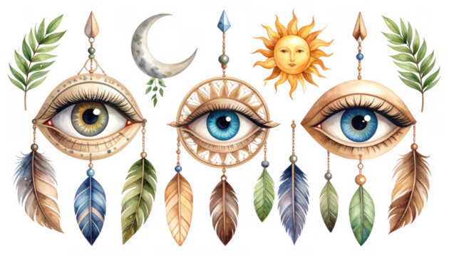 Artistic Illustration of Eyes, Moon, Sun, and Feathers for Design